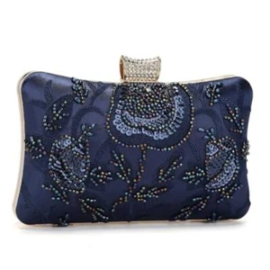 Women's 1920s Vintage Clutch Purse Beaded Floral Evening Bag Hard Navy Blue- a - Picture 1 of 8
