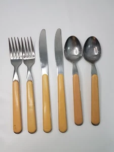 VTG Stainless Steel Korea Flatware Fork Knife Soup Spoon Yellow Plastic Handle - Picture 1 of 10