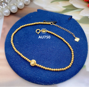 Solid 18K Yellow Gold AU750 Cat Eye Beads Bracelet Bangle Chain Adjust 16+3.5cm