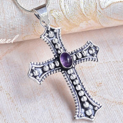 African Amethyst Gemstone 925 Sterling Silver Cross Unisex Pendant Men's Jewelry - Image 1 of 4
