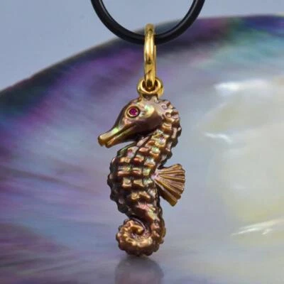Seahorse Pendant Carved Bronze Mother-of-Pearl Gold Vermeil Sterling Silver 3.78 - Image 1 of 4