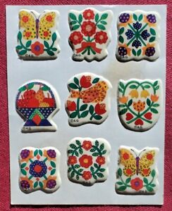 Vintage 1980's Puffy Folk Art Quilt Stickers:Flowers, Butterfly, Birds-1 sheet