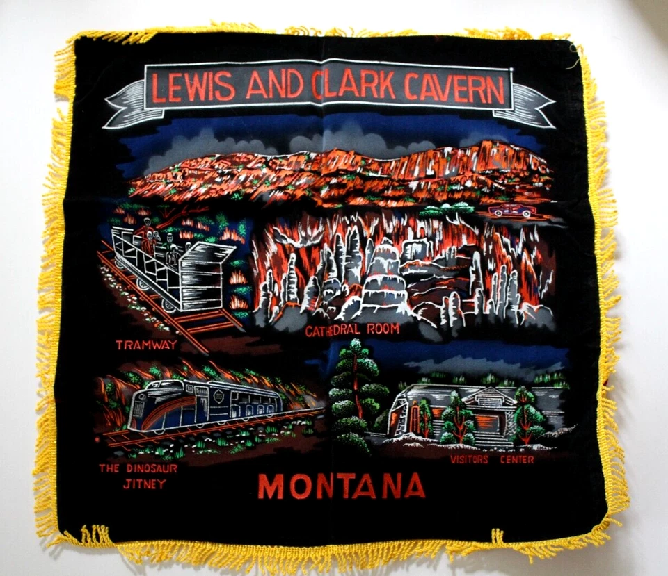 RARE Vtg Lewis & Clark Cavern Souvenir Pillow Cover Montana State Fringe Velvet Foto 1 de 4