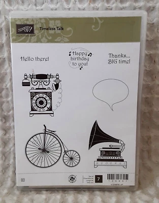 Stampin Up TIMELESS TALK Juego de sellos adhesivos de goma Teléfono Bicicleta Palabras 7 estampillas Foto 1 de 4
