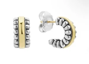$550 LAGOS Caviar Two-Tone Flute Huggie Earrings Sterling Silver & 18k Gold - Picture 1 of 8