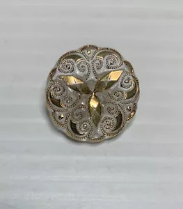 Antique Vintage Glass Button Gold Design Scalloped Edge Shank Unmarked - Picture 1 of 5