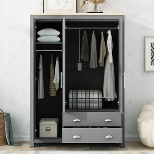 Three Door Storage Wardrobe with Cabinets and Two Hanging Rods,Gray - Picture 1 of 9