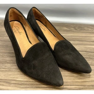 Clarks Indigo Size 5M Black Suede Pointed-Toe Kitten Heel Loafer Pumps - Picture 1 of 8