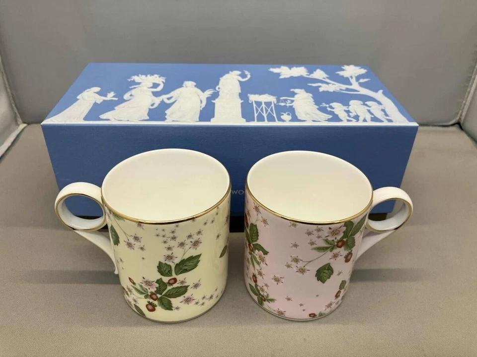 WEDGWOOD 野生草莓开花杯和碟子套装黄色粉红色罕见带盒日本 — 第 1/4 张图片