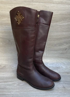 Tory Burch Kiernan Brown Leather Riding Boots Gold Logo Womens Size 8M - Image 1 of 4