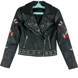 Romeo Juliet Couture Women Black Faux Leather Embroidered Moto Jacket Small NWOT - Picture 1 of 12