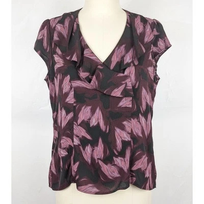 复古 Y2K 100% 真丝勃艮第花卉短袖 V 领衬衫 M Whimsigoth Dainty — 第 1/4 张图片