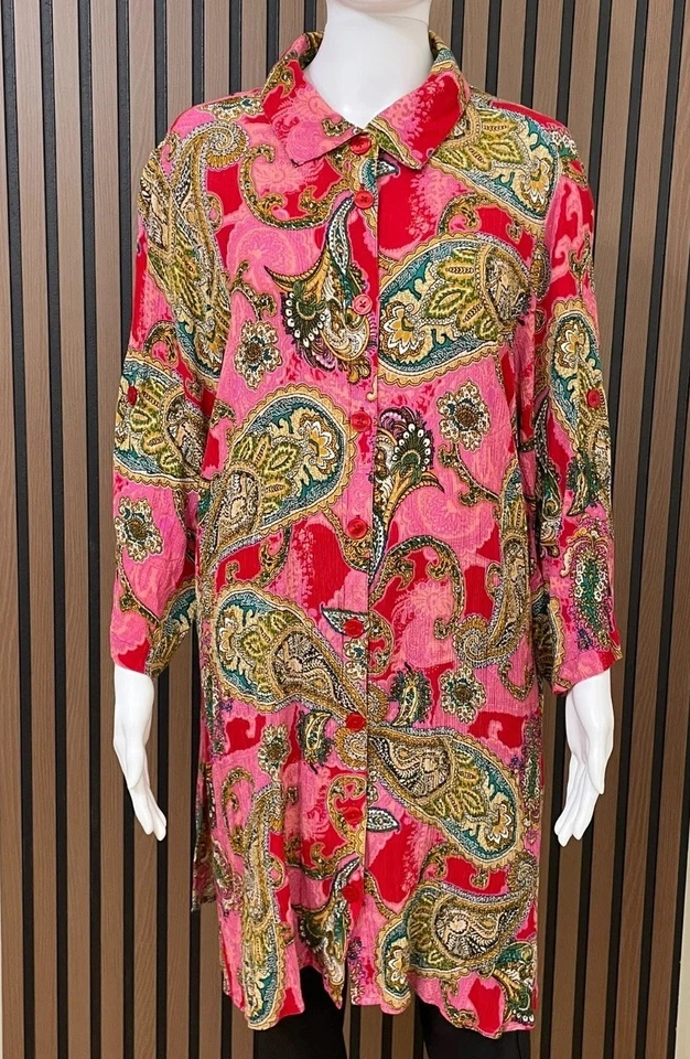 Roaman's Women's 22W Pink Button-Up Rayon Tunic Paisley Casual Boho Collared - Image 1 of 4