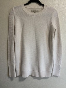 LOFT Women’s Size M Ivory Cotton Knit Crew Neck Sweater Ribbed Hem Cuffs Buttons - Picture 1 of 7