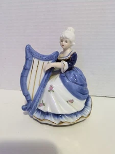 WORKING Vintage Japan Rotating Blue Dress Girl With Harp Music Box Porcelain - Picture 1 of 8