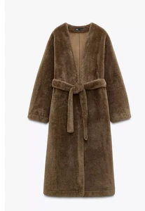 ZARA BROWN TAUPE COLLARLESS NECKLINE LONG TIE BELTED FAUX FUR COAT SIZE M BNWT - Picture 1 of 8