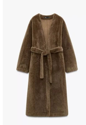 ZARA BROWN TAUPE COLLARLESS NECKLINE LONG TIE BELTED FAUX  FUR COAT SIZE L  - Image 1 of 4
