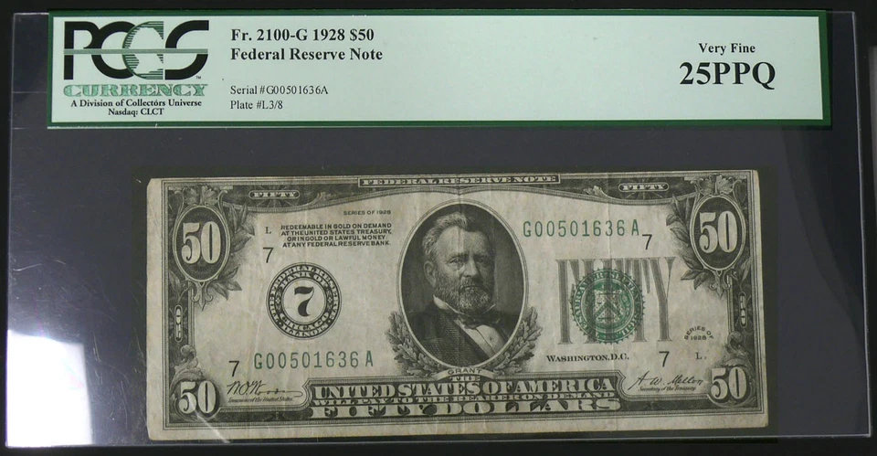 1928 VF-25 PPQ $50 REDEEMABLE IN GOLD ARABIC NUMERAL FED RESERVE NOTE FR. 2100g - Image 1 of 2