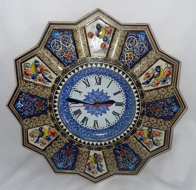 Reloj de pared Khatam Kari con incrustaciones de madera artesanal persa 13 pulgadas Foto 1 de 4