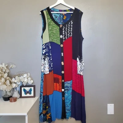 La Cera Novelty Button Front Patchwork Dress Petite Size XL Rayon Sleeveless - Image 1 of 4