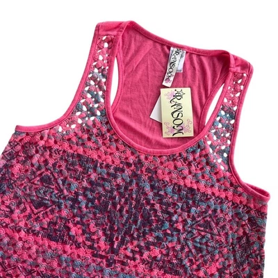 Ransom Women XL Pink Gray Sunkist Crochet Front Racerback Hi-Lo Hem Tank Top Y2K - Image 1 of 4