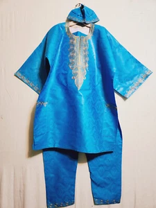 Ropa africana para hombre brocado 3 piezas pantalón traje Dashiki turquesa con gorra talla gratuita - Imagen 1 de 12