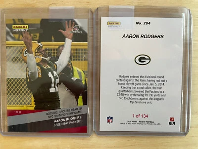 2020 PANINI INSTANT AARON RODGERS LEADS GREEN BAY PACKERS TO NFC CHP Card Sp 134 - Image 1 of 3