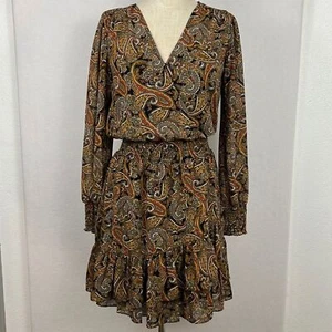 Michael Kors Womens Paisley Print Smocked Waist Ruffle Long Sleeve Sienna SZ S - Picture 1 of 14