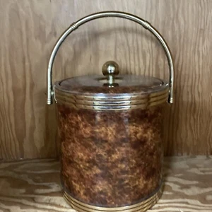 Vintage MCM Ice Bucket Vinyl Faux Tortoise Shell & Brass Round With Handles - Picture 1 of 7