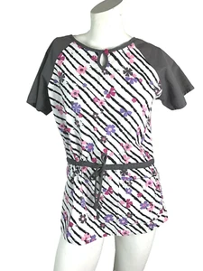 Koi 360 Womens Scrub Top Reversible Xs Gray Pink Floral Zebra - Picture 1 of 7