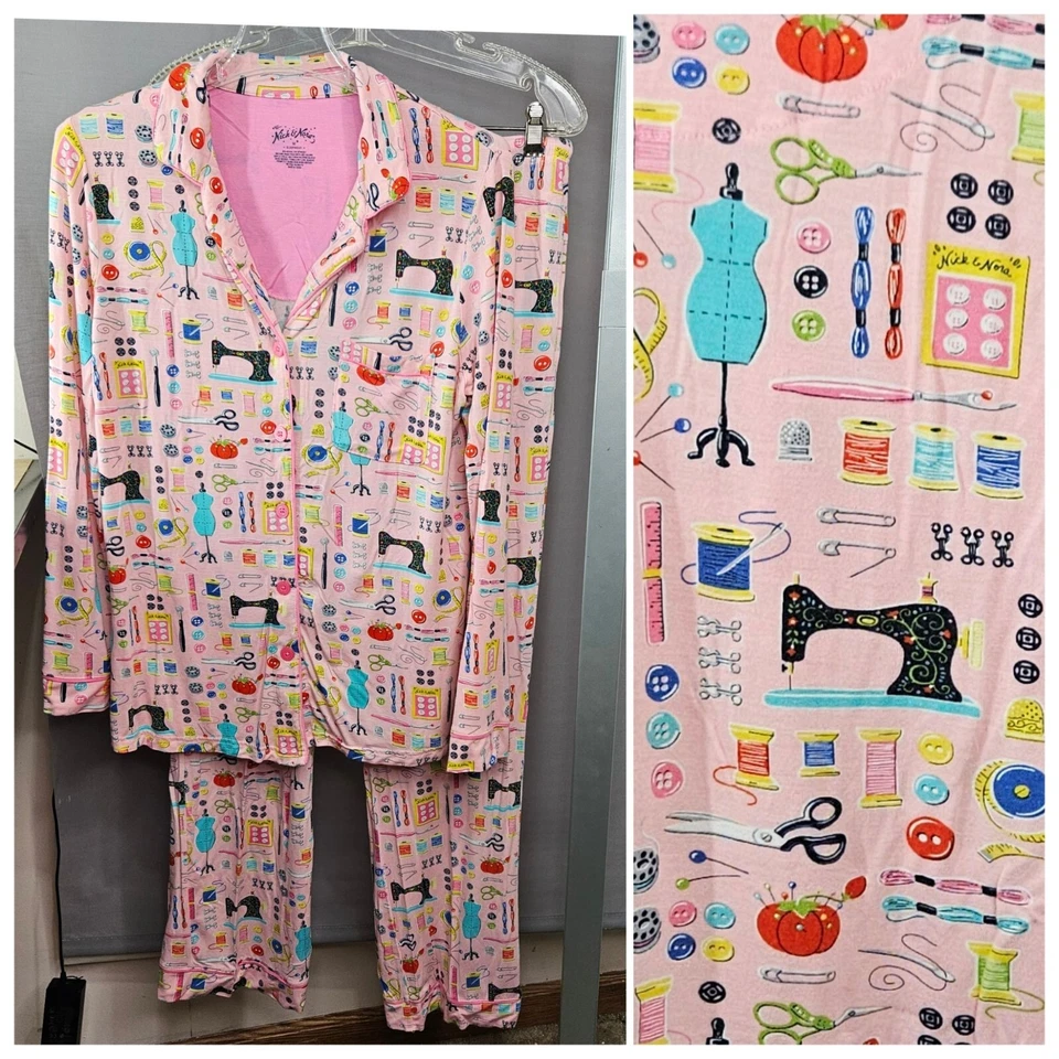 Pijama feminino Nick & Nora PJs M rosa mistura modal costura artesanato 2 peças - Imagem 1 de 4