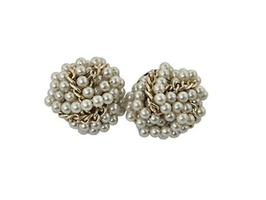 Vintage Japan Strung Faux Pearl and Gold Tone Chain Cluster Clip Earrings - Picture 1 of 4