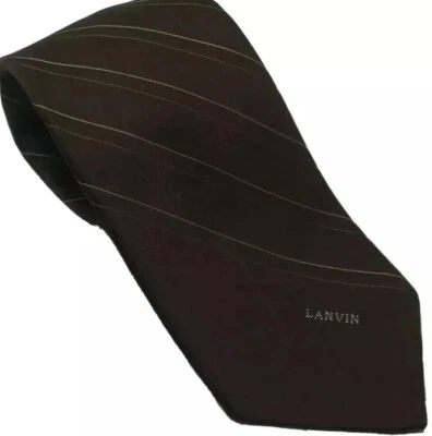 Corbata de seda Lanvin marrón a rayas logotipo seda poliéster 3,25” x 57” Foto 1 de 4