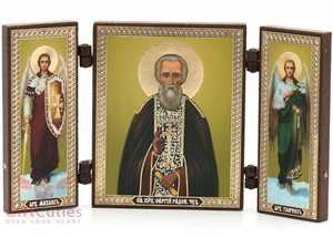 Folding Wooden Triptych Icon of Saint Sergius of Radonezh Сергий Радонежский - Picture 1 of 7