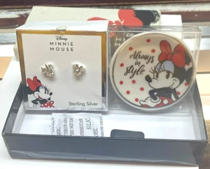 MINNIE MOUSE STERLING SILVER CLEAR CRYSTAL STUD EARRINGS & PLATE NIB - Picture 1 of 5