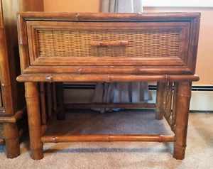 American of Martinsville BAMBOO WICKER Bedside TABLE NIGHTSTAND Boho Chic  - Picture 1 of 6