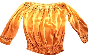 Y2K Pledge Crepe Crop Top Damen L Ösen Langarm Orange Indien 3/4 Arm - Bild 1 von 9