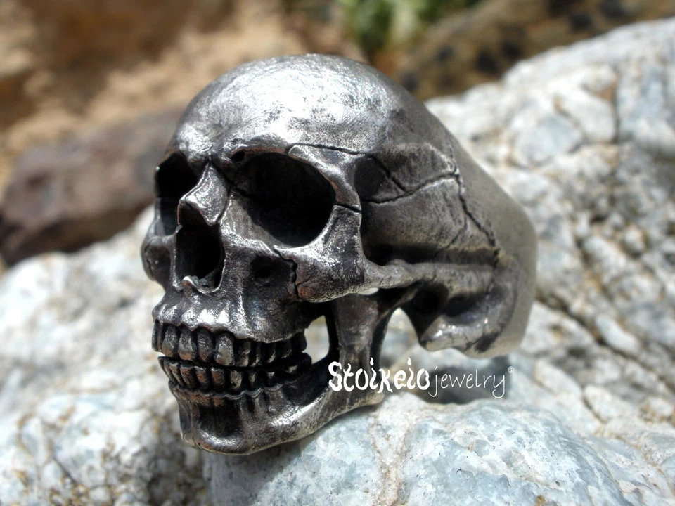 Skull Men's Ring, Solid Sterling Silver 925 Anatomical Skull Men's Ring Handmade - Image 1 of 4