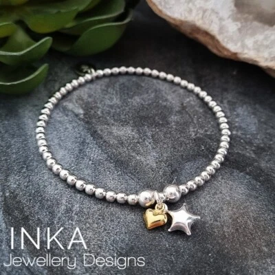 Pulsera apiladora con cuentas de plata esterlina 925 inca con estrella 3D y encanto corazón Foto 1 de 4