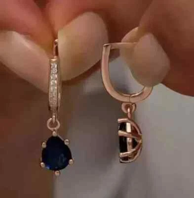 Women Drop/Dangle Earring 2Ct Pear Cut Lab Created Sapphire 14K Rose Gold Plated - Image 1 of 4