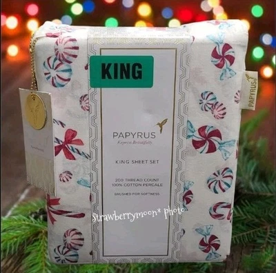 PAPYRUS Christmas Candy Cane King Sheet Set 100% Cotton 200 Thread Percale NEW - Image 1 of 4