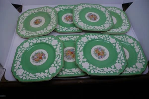 8 VINTAGE GEORGE JONES RHAPSODY CRESCENT SQUARE SALAD PLATES, FLORAL CENTERS - Picture 1 of 7
