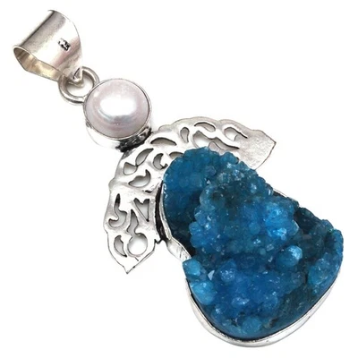 Подвеска синий Drusy жемчуг драгоценный камень мать день подарок серебряная бижутерия 2,5» - Изображение 1 из 4