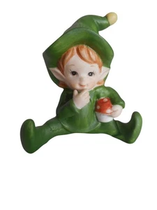 Vtg Lefton Ceramic Painted Pixie Elf w/ Mushroom Figurine KITSCHY shelf sitter - Picture 1 of 6