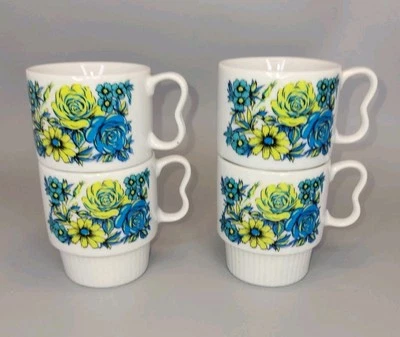 Juego De Colección 4 Tazas Apilables Nevco Floral MCM Hechas en Japón Retro PATRÓN RARO Foto 1 de 4