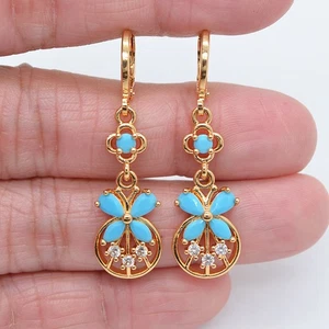 18K Yellow Gold Filled Women Fashion Lake Blue Topaz Flower Dangle Earrings - Picture 1 of 1