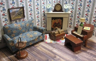 Vintage Kage 7 PIECE LIVING ROOM SET, Wood Dollhouse Furniture, Strombecker 1:16 - Image 1 of 4