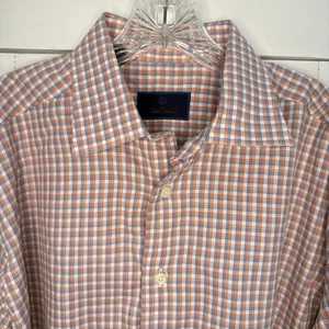 Camisa de hombre David Donahue 17 34/35 naranja azul a cuadros 100 % algodón con botones - Imagen 1 de 7