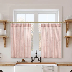 Christmas Kitchen Curtains,Farmhouse Red and off White Striped Linen Cotton Smal - Picture 1 of 12