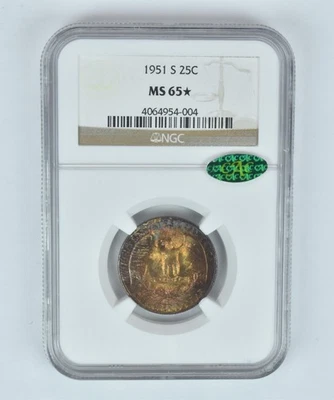 MS65* STAR 1951-S Washington Quarter CAC NGC lindamente tonificado *2654 - Imagem 1 de 3